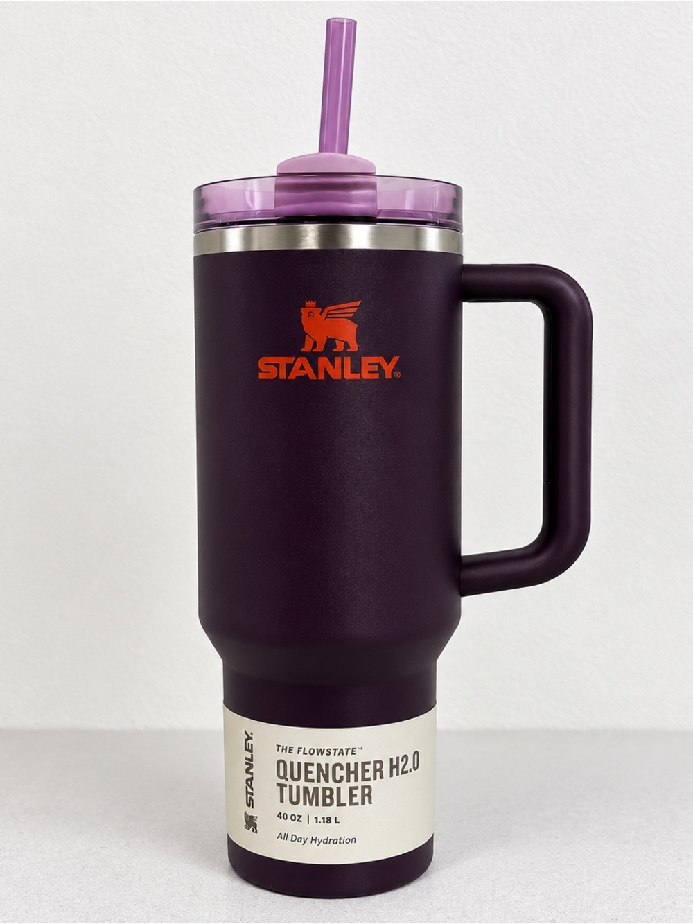 Stanley Quencher H2.0 40oz Deep Plum Purple Orange Logo Tumbler NEW No Box